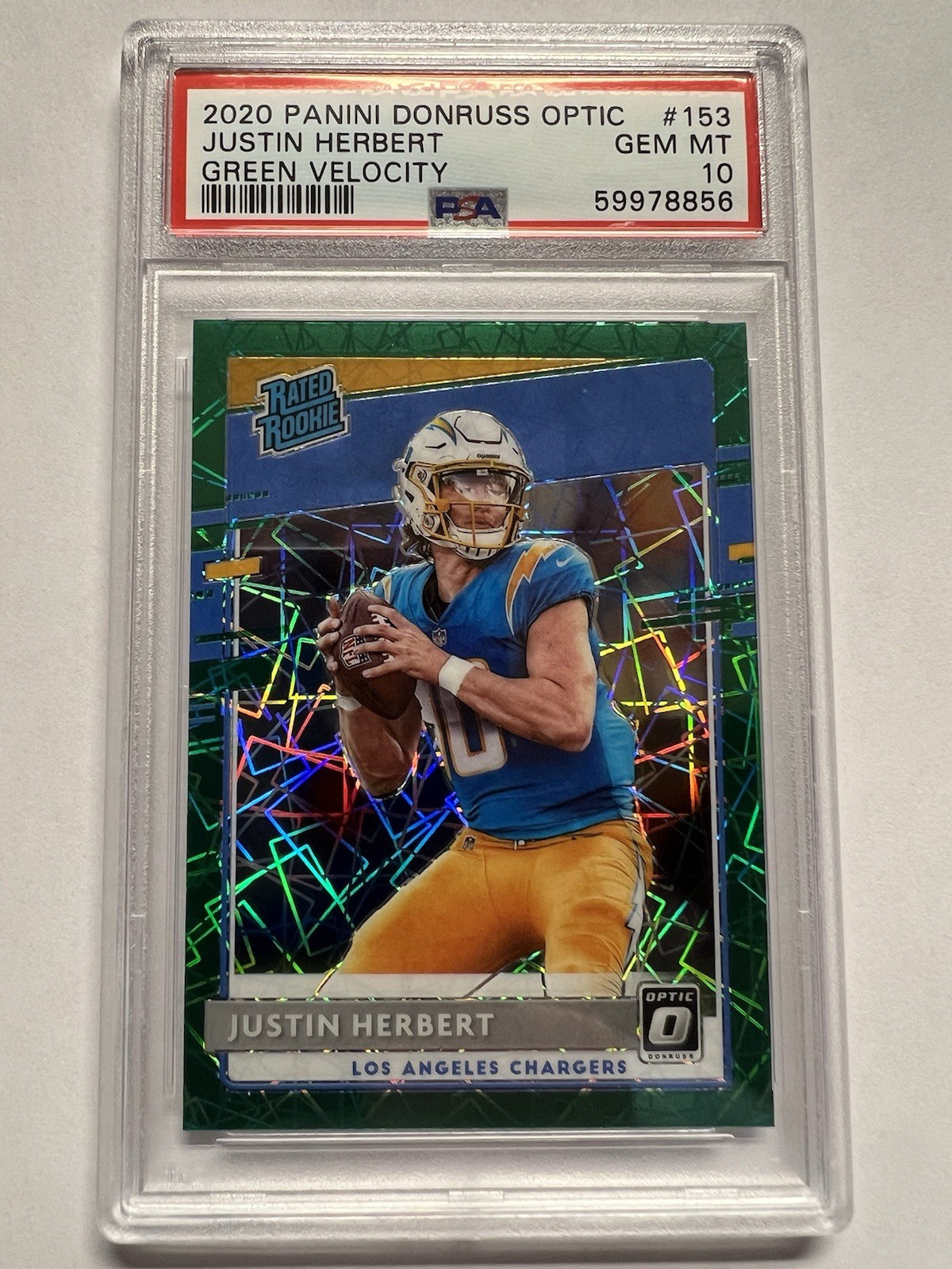 2020 Panini Optic Justin Herbert Green Velocity PSA 10 Gem Mint #153 RC Rookie