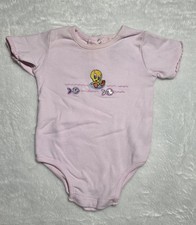 Y2K Looney Tunes Tweety Bird Baby Girl One Piece Embroidered Fish Pink 6-9M