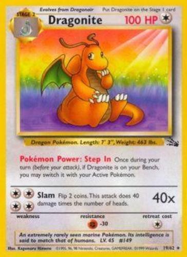 Moderately Played, English Pokemon Regular Dragonite - 19/62 - Rare - Unlimited