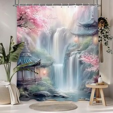 Traditional Chinese Garden Waterfall Shower Curtain Pink Cherry Blossom 60x71