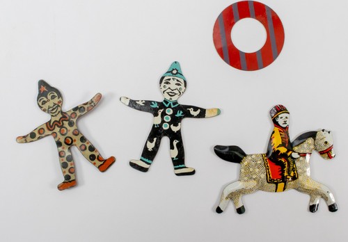 Vintage Clowns & Horde Rider Tin Litho Magnetic Circus Set Figures 1950s