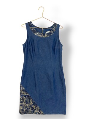 Vintage 80er Y2K Denim ärmelloses Kleid blau Gr. M knielang Spitzeneinsätze