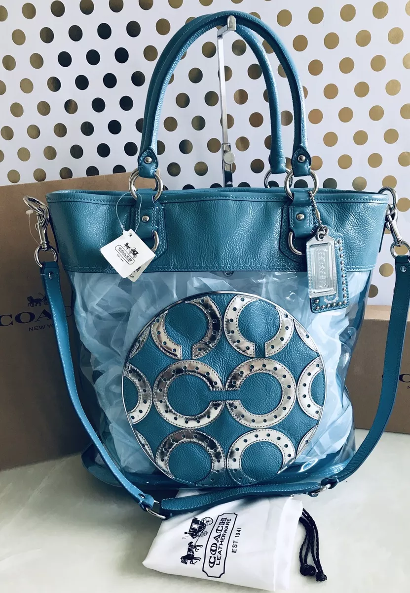 NWT COACH JULIA TRANSPARENT CLEAR OP ART PERRY AQUA SILVER TOTE BAG 15021