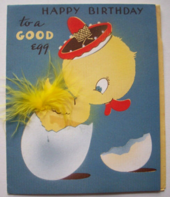 Hatching chick?  duck?  Dumb Bunny vintage Birthday greeting card *LL15