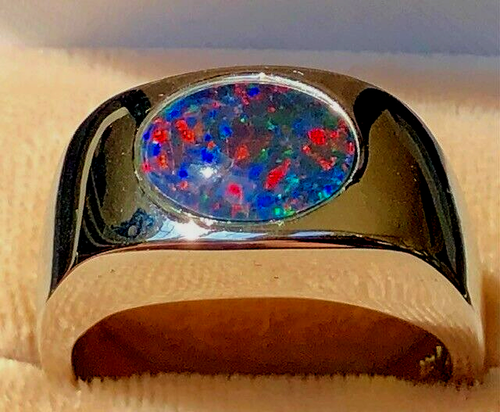 Herren 11 schwarzer australischer Opal Doublett Siegelring marineblau grün Sterling V W - Bild 2 von 10