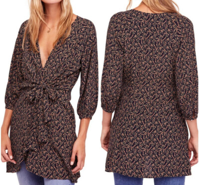Free People Clara Tunic Top XS Floral Black Pockets Tie Waist Whimsigoth Fairy