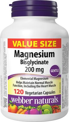 Webber Naturals Magnesium Bisglycinate 200 mg 120 Capsules Supports Bone and ...