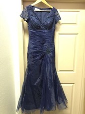 JJs House Med. Navy Blue Pleated Formal Dress Beads And Sequins A461