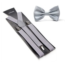 New Wedding Silver Platinum Gray Men's Bow Tie  Suspender  Bow Tie Set