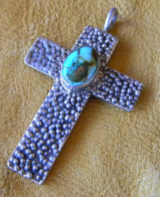 ANTHONY LOVATO CROSS SANTO DOMINGO STERLING SILVER TUFA CAST TURQUOISE 3'' SIGNED