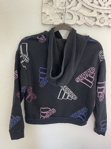 Adidas Hooded Sweatshirt Youth 14 Black Long Sleeve All Over Print Casual - Picture 2 of 7