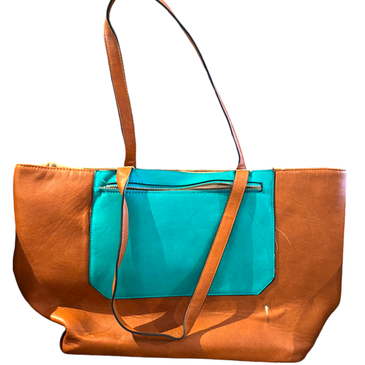 Miztique faux leather brown with turquoise pocket large tote bag