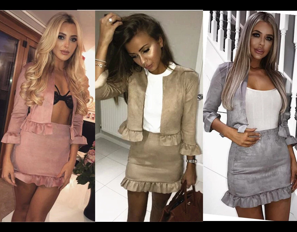 Women Jacket 2 Piece Co Ord Suede Twinset Frill Ruffle Blazer Pencil Skirt Party