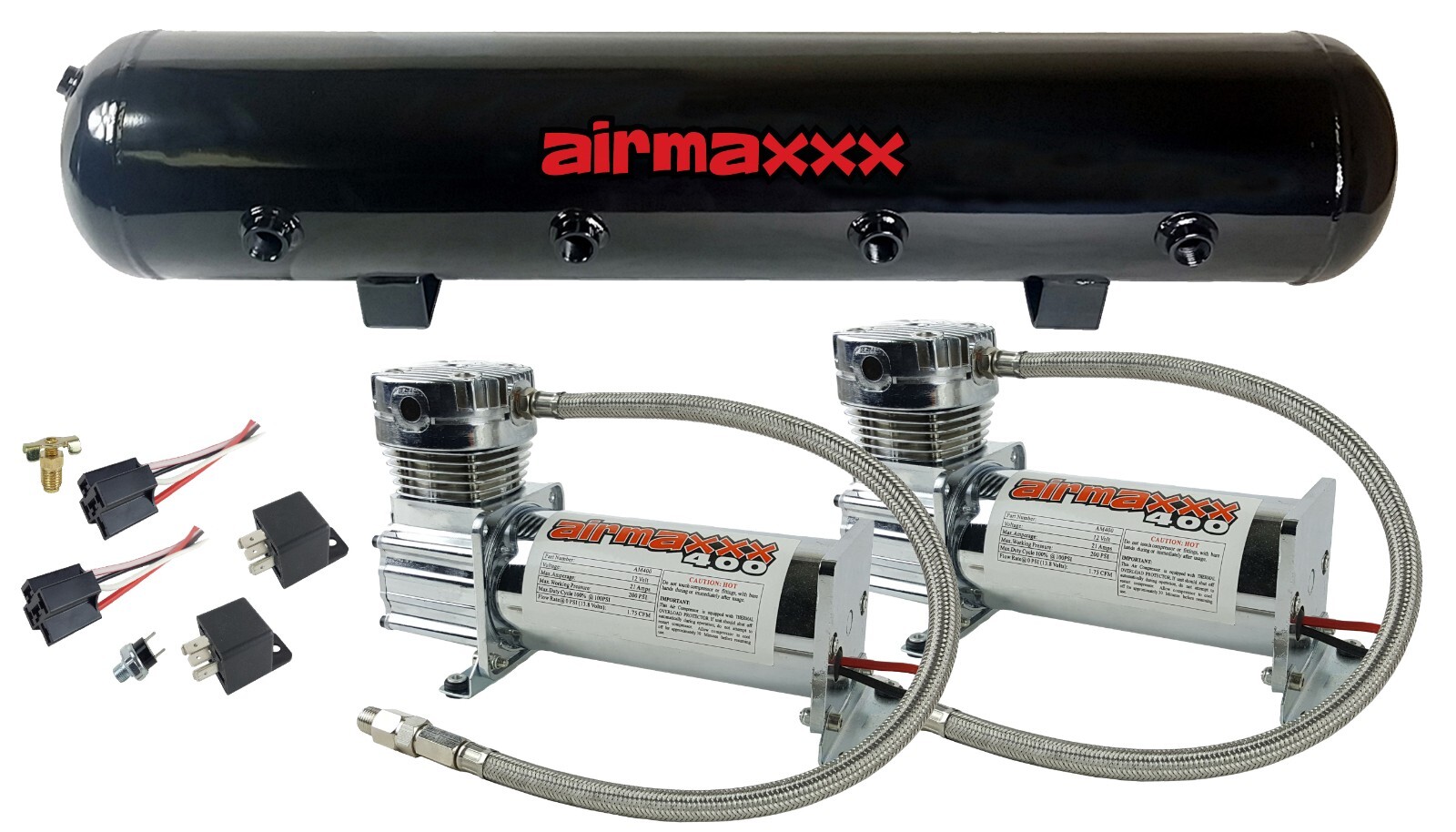 airmaxxx Dual 400 Chrome Compressors w/5 Gallon Steel Tank 200 PSI Kit