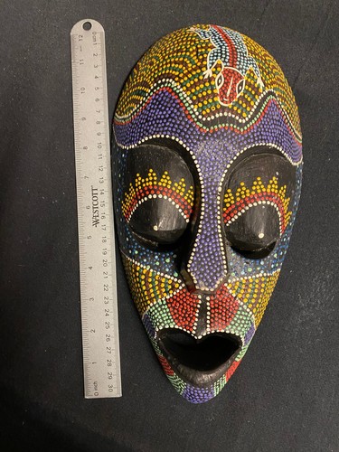 11.5" Wood Hand Carved Tribal African Mask Colorful Dot Wall Hanging Décor - Picture 7 of 7