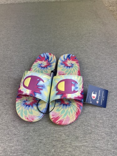 Champion Women's Tie Dye Logo Slide Sandals Pink/Light Yellow Sz 7 M NEW IN BOX