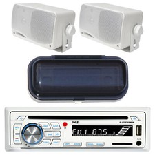 Pyle CD Player Bluetooth Marine Stereo Radio Receiver with 2x Box Speaker, Cover