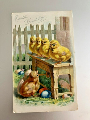 Vintage TUCK'S Embossed Postcard Baby Chicks & Easter eggs - silver writing
