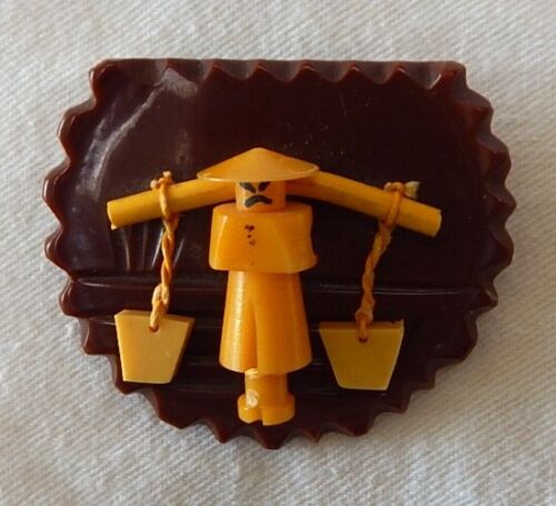 Vintage Bakelite Carved Pin or Brooch, Man with Water Buckets 2" x 2.25" - Picture 1 of 2