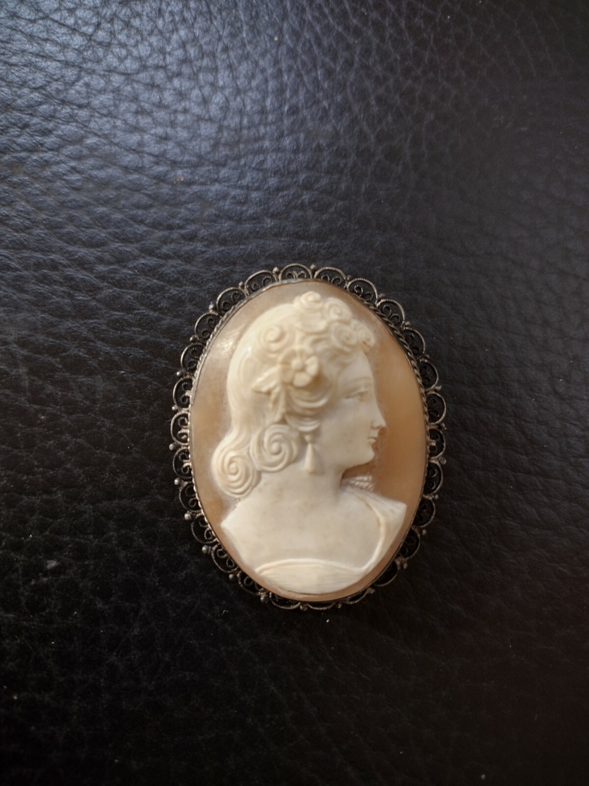Antique Art Nouveau Carved Shell Cameo Portrait Pin - Gem