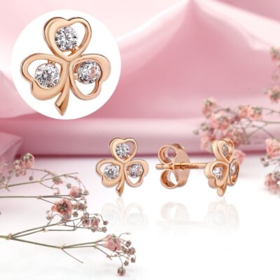 Earrings Earrings Cloverleaf Flower Leaves Rose Gold 585/14kt CubZirconia New