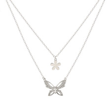 Layered Butterfly Flower CZ Pendant 925 Sterling Silver Choker Necklace Box PE59