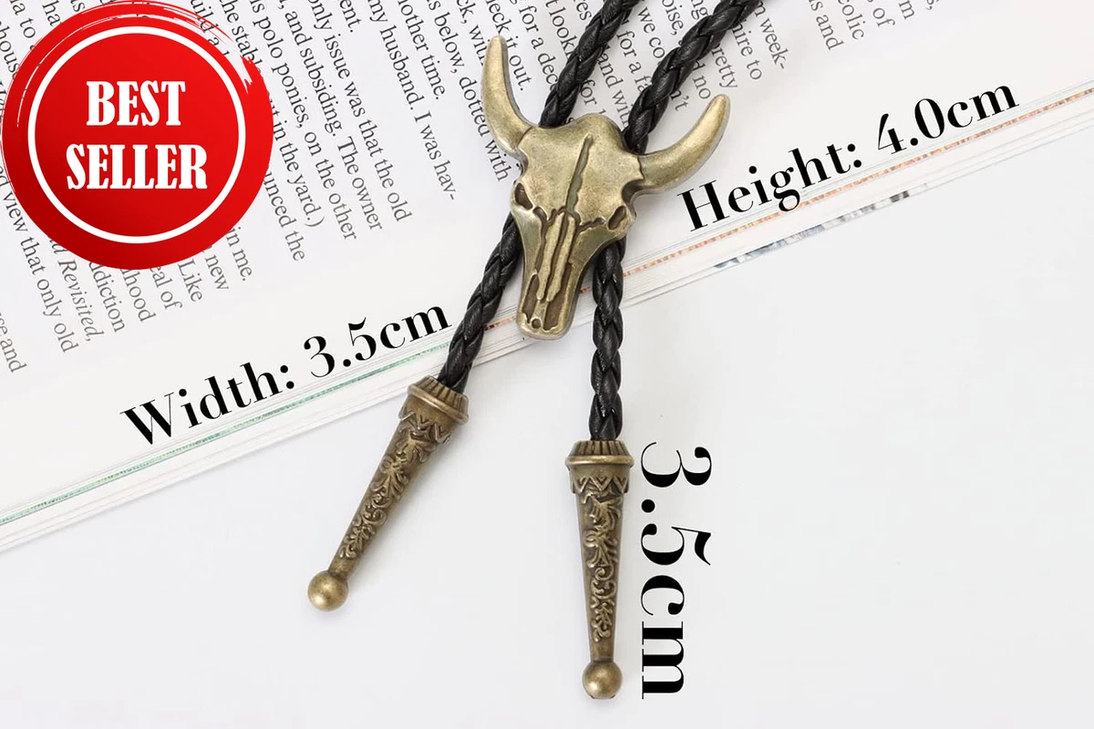 Western Vintage Bolo Tie for Men - Cow Skull Design Cowboy Tie - Black Leather B