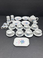 Vtg Strombecker Childs China Porcelain Tea set floral pink blue doll Read