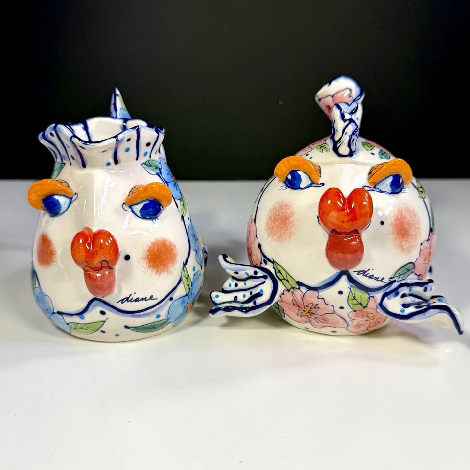 Набор рыбных сливок и сахара Diane Artware Kissy причудливая керамика китчи с цветочным рисунком - Изображение 2 из 4