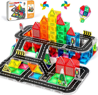 Mini Magnetic Tiles Road Set, Travel Magnatiles with Case, Magnet Building Block