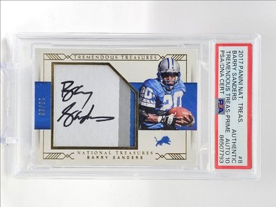 BARRY SANDERS 2017 NATIONAL TREASURES PATCH PRIME LIONS AUTO /25 PSA Q5775