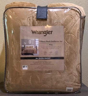Wrangler Brown Horseshoes Embossed Plush 3pc KING Comforter & Pillow Shams Set