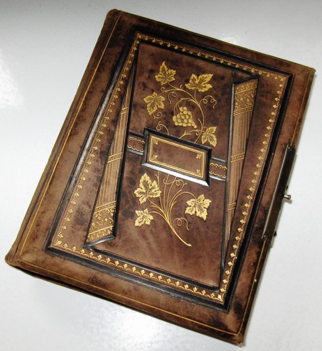 EMPTY ANTIQUE LEATHER PHOTO ALBUM FOR BOTH CABINET & CDV SIZE PHOTOS GOLD GRAPES