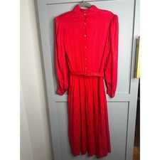 Brooks Brothers 70s Vintage Red Silk Chevron Leaf Print Button Dress Belted Sz 8