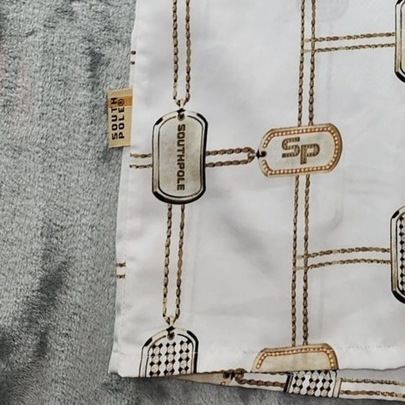 Vintage 90s SOUTHPOLE Shirt Mens L White Dog Tag Chain Print Silky Short Sleeves - Image 4 of 4