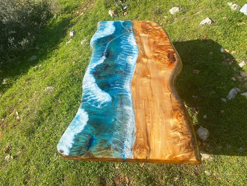 Coastal Blue Epoxy dining table, live edge slab, wood river resin 48x24" - Picture 6 of 19