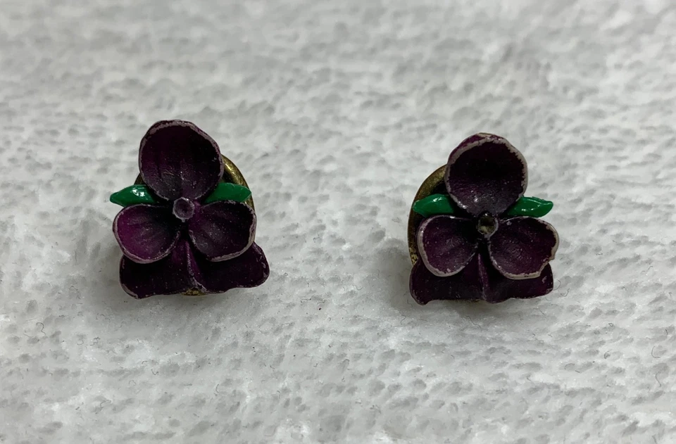 Aretes vintage de cerámica con flores violetas Foto 2 de 4