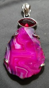 Sterling Silver Dyed Banded Agate with Synthetic  Ruby Pendant