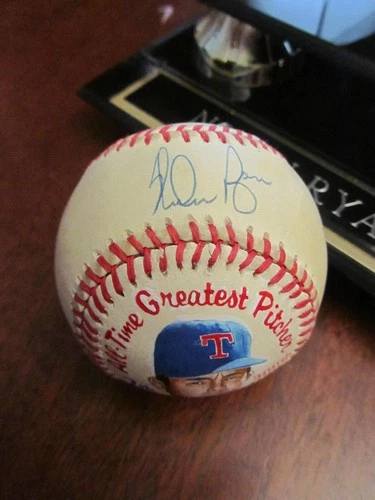 Nolan Ryan Hand Painted Texas Rangers Signed Autographed Baseball w/Display Case