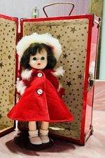 Cosmopolitan c1950 GINGER 8" Doll RED VELVET COAT, Crisp Dress + Red CASE