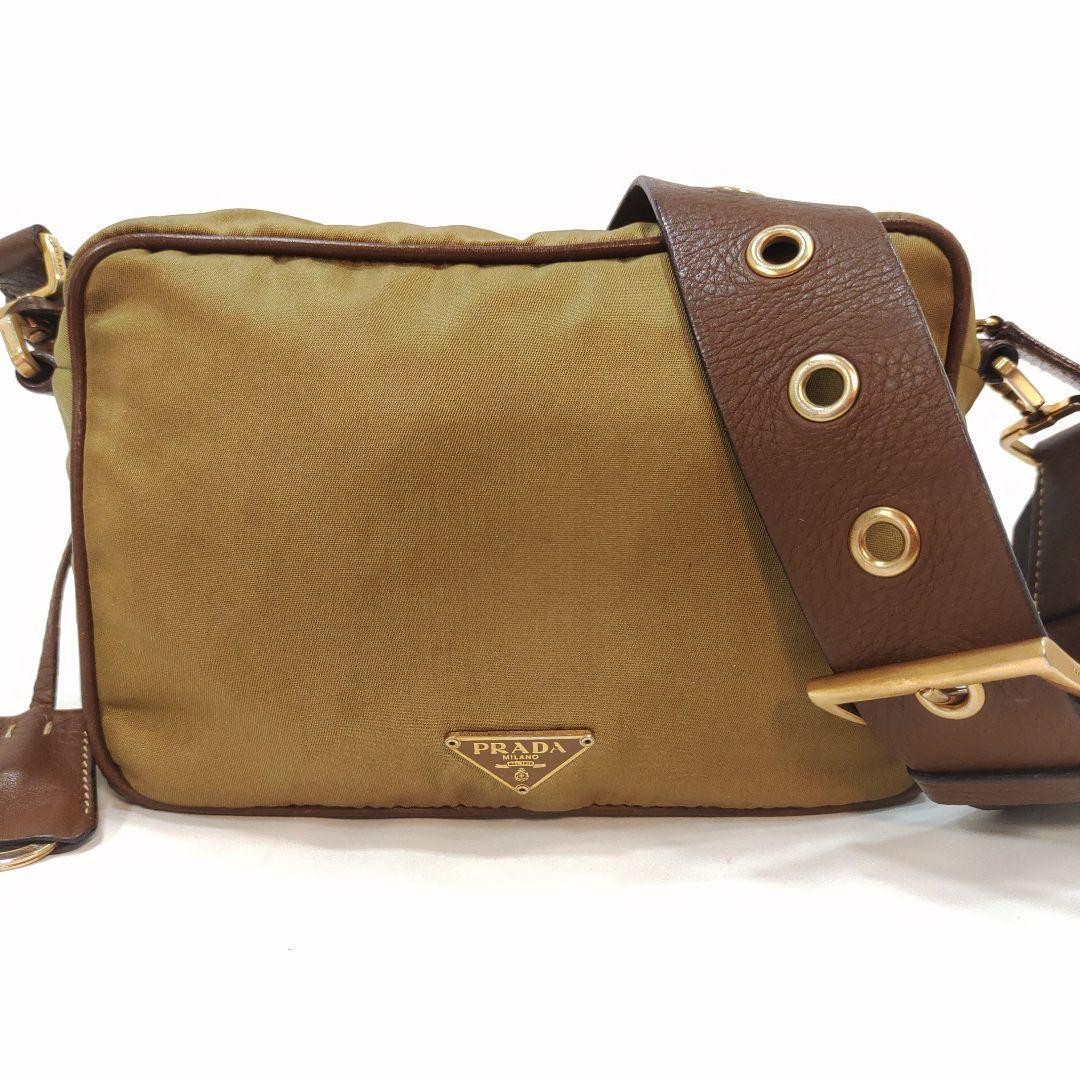 PRADA camera bag shoulder bag leather x nylon with charm From Japan