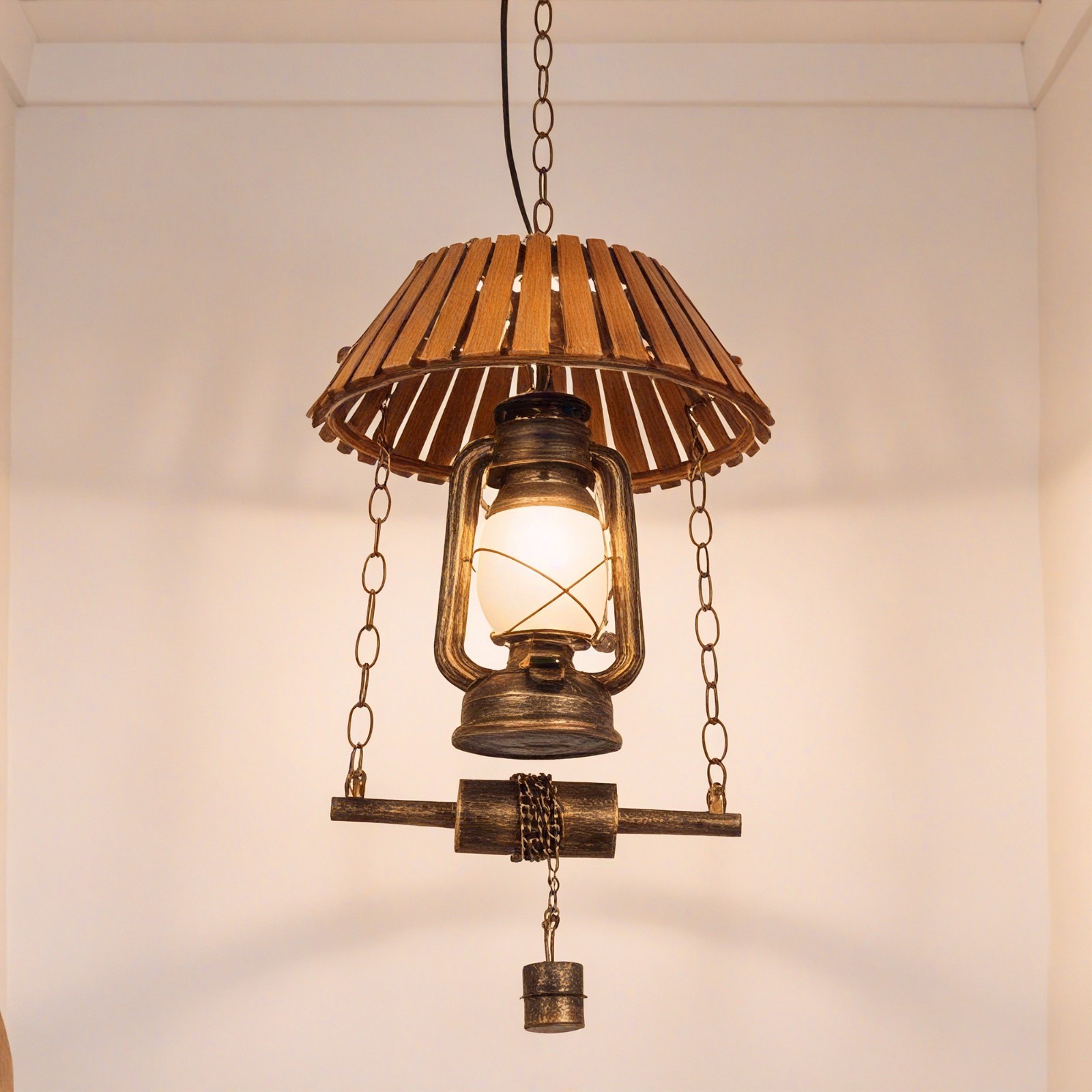 13 Inch Single Head Vintage Wood Art Lamp, Kerosene Country Style Pendant Light
