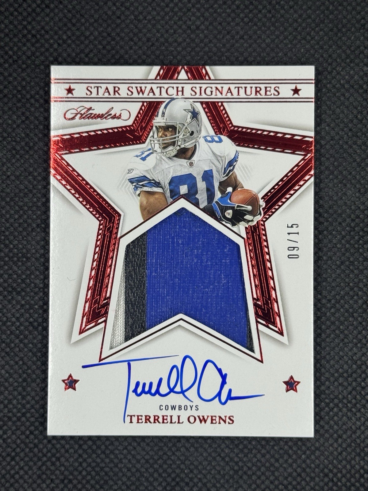 2023 Panini Flawless Star Swatches Terrell Owens Cowboys Game Worn Auto Ruby /15 view 1