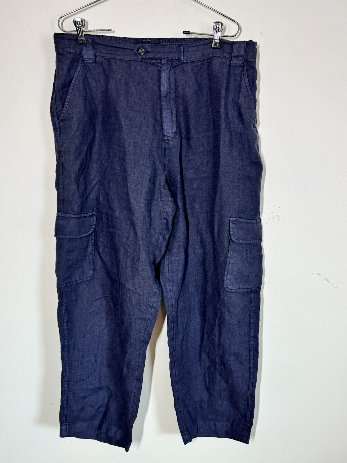 Rachel Zoe Women’s Wide Leg Linen Cargo Pants Navy Cropped Pull On Size XL Beach