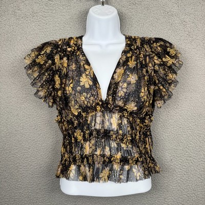 Free People Top Womens S Make Me Smile Puff Sleeve Smocked Forrest Fairy Grunge