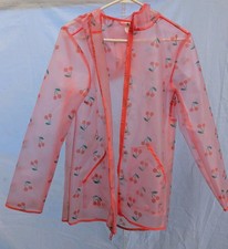 Cat Jack XL Girls Hooded Rain Coat, Zip Closure, Transparent Red Cherry Print