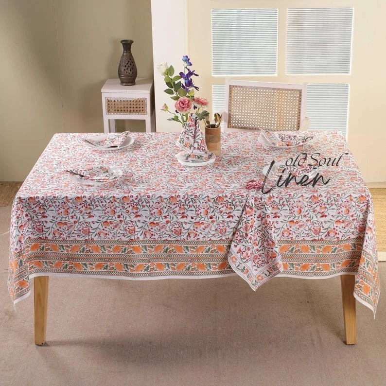 Cotton Tablecloth Floral Block Print Kitchen Decor Table Cover for Dining Spaces - Image 2 of 4
