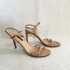 Stuart Weitzman Starla 105 Beige Patent Strappy Stiletto Dress Heel Sandals 11