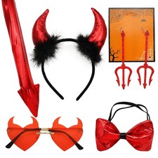 5Pcs Halloween Devil Horns Accessory Set Demon Horns Headband Bowtie Tail Dev...
