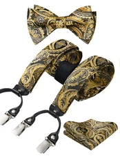 Paisley Floral 6 Clips Suspenders & Bow Tie and Pocket Square Set Y Shape Adj...